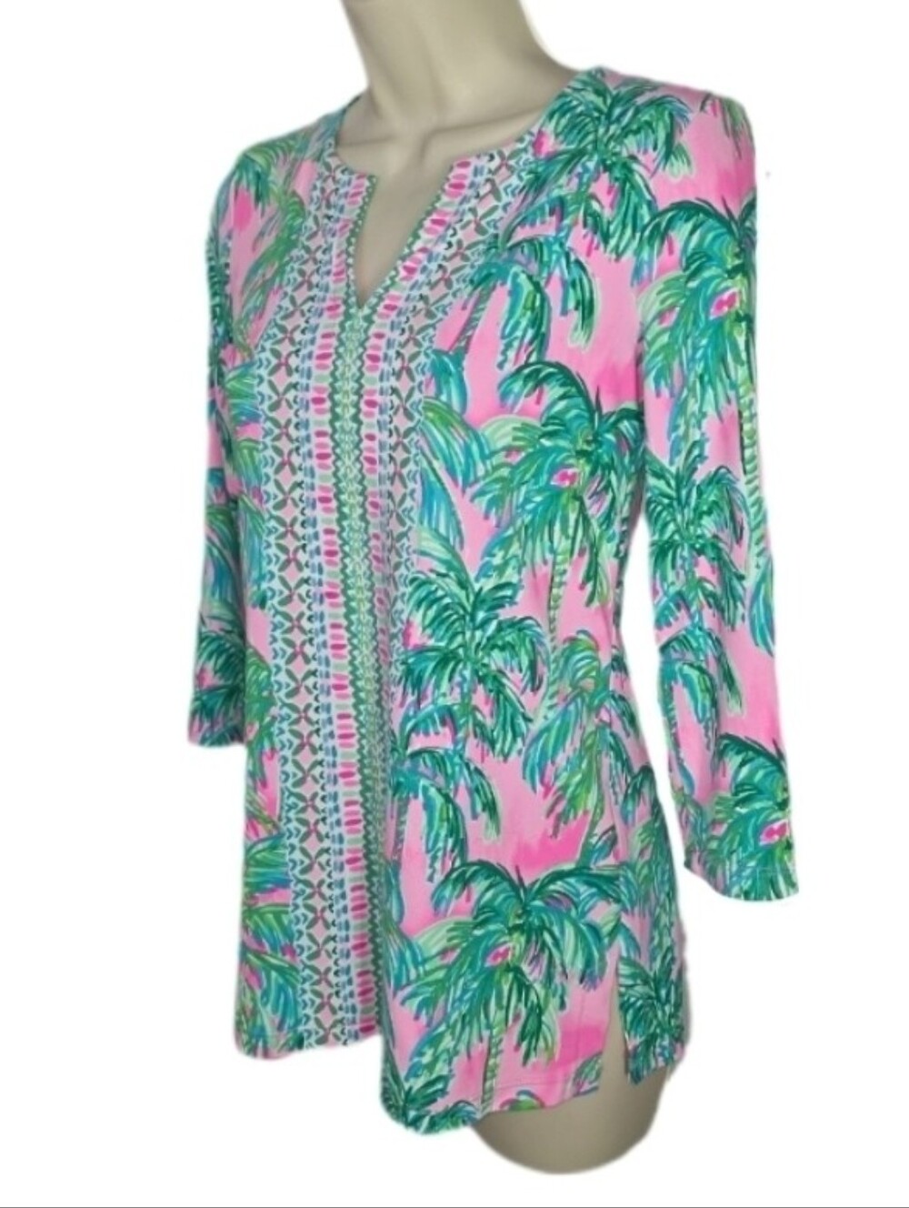 Lilly Pulitzer Top Karina Chilly Palm-Print V-Neck Bracelet Sleeve Green XXS